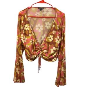 Dolls Kill Current Mood Misty Morning Floral V-Neck Bell Sleeve Crop Top Size 2X